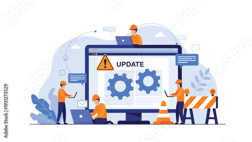 Software update and system maintenance concept with team of technical professionals working on large computer screen.