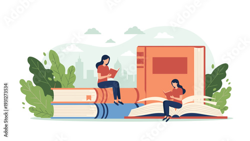 Reading and education concept with women sitting on giant books and learning in a peaceful outdoor landscape setting.