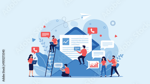 Digital email marketing and communication concept with team of professionals working on large envelope with various icons.