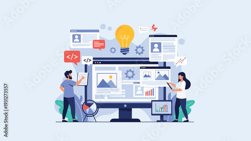 Collaborative web development and creative design process with team of professionals building a digital interface.