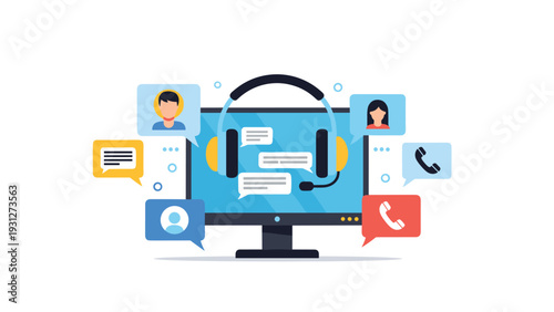 Comprehensive online customer service and call center support concept featuring headset and communication icons.