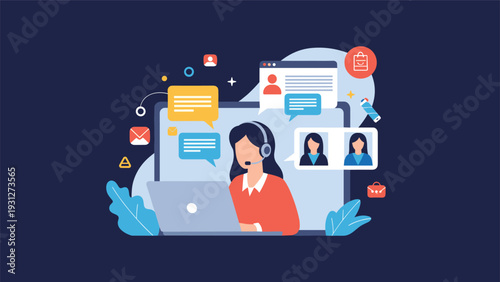 Professional female customer support agent providing online assistance via video call, email, and chat services.