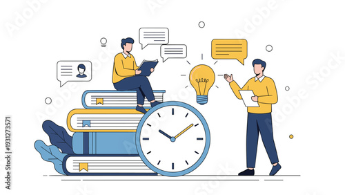 Students sitting on stacks of books with a large clock and a light bulb representing time management and creative learning.