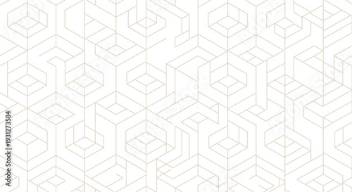 Subtle geometric background pattern features repeating pale gold line art cubes creating an abstract, modern, three-dimensional tessellation.