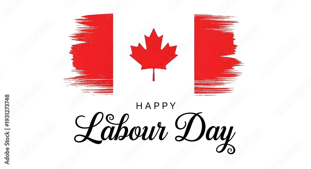 Fototapeta premium Canadian labor day greeting with a red maple leaf and flag on white background