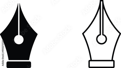 Black and white line art illustration of fountain pen nib icons in solid and outline styles, symbolizing writing, editing, design, and creative tools