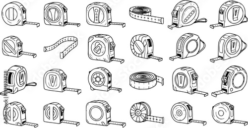 Diverse Collection of Hand-Drawn Tape Measure Illustrations on White Background