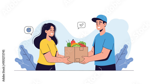 Delivery courier in a blue uniform handing a box of fresh groceries to a happy woman at her doorstep with checkmark icons.