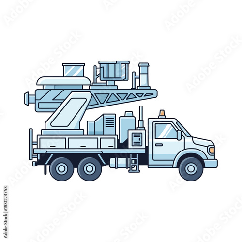 Illustration of a large truck with industrial equipment mounted on its trailer.