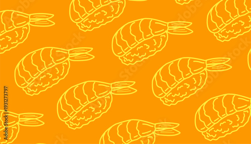 Sushi ebi nigiri pattern. Seamless shrimp nigiri vector. Japanese food illustration background. Minimalist hand drawn line art. Flat colorful asian cuisine. Repeating seafood textile design. 