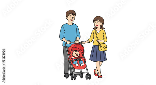 A happy young Japanese family with a mother and father smiling while pushing their cute baby in a red stroller on a walk together.