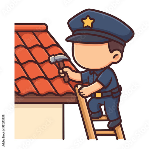 Cartoon policeman fixing roof on ladder