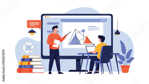 Teacher explaining complex geometric diagrams on a large digital monitor to a student sitting at a desk with books.