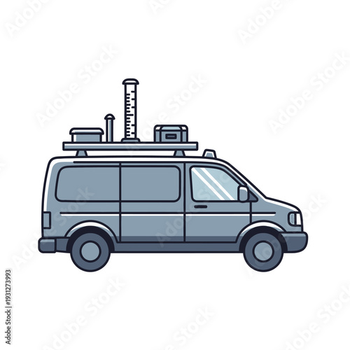 Gray van with rooftop cargo and equipment for adventure travel.