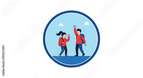 A friendly boy and girl wearing backpacks and waving hello or goodbye, depicted in a simple flat illustration inside a circle icon.