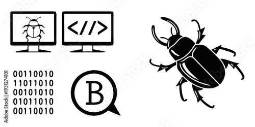 A bug with a magnifying glass inspecting code on a computer screen.