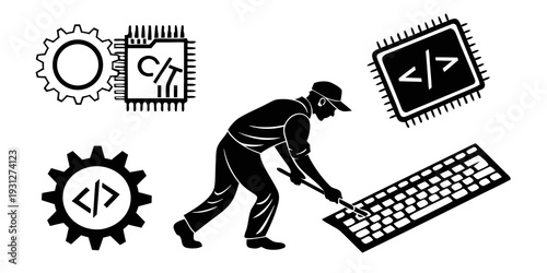 Programmer working on a laptop surrounded by coding and technology symbols.