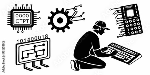 A person working on a laptop with various tech icons surrounding them.