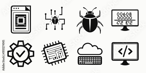 A collection of icons representing various aspects of software development and cybersecurity