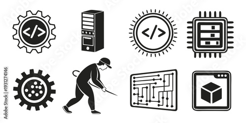 A person navigating through a labyrinth of technology and programming symbols.
