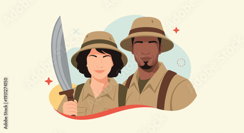 A brave adventure couple, a man and a woman in safari hats, ready for a jungle expedition, with the woman holding a machete.
