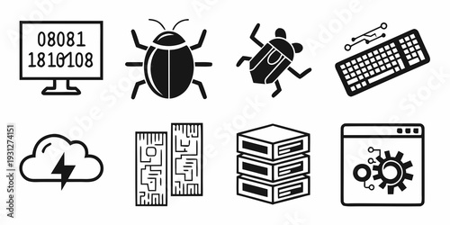 Icons representing various aspects of computer security and technology.