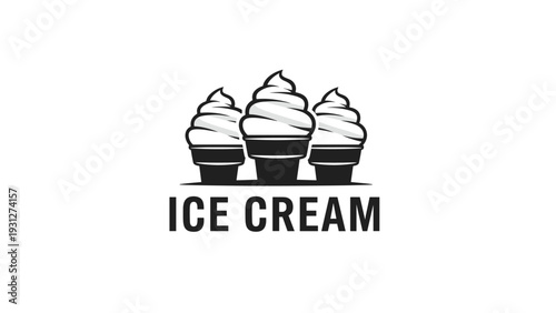 Minimalist black and white logo illustration featuring three soft serve ice cream cones with the text ice cream below.