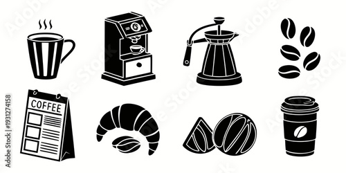 A collection of coffee-related icons and illustrations