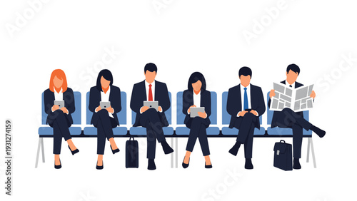 Diverse group of business people sitting in a row of chairs waiting and using mobile devices or reading a newspaper.