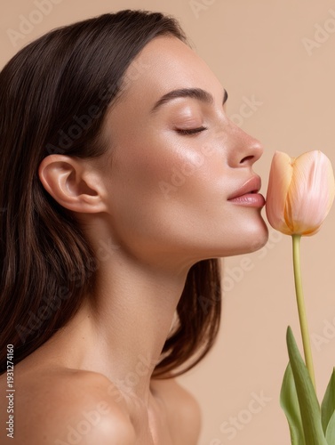portrait of a young latina woman smelling a tulip with closed eyes