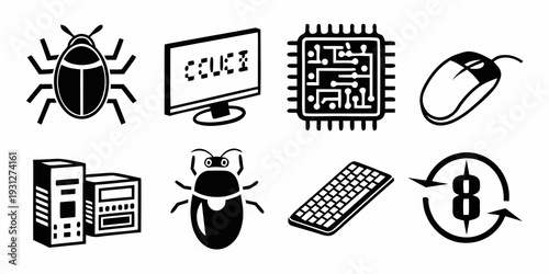 Illustration of various computer-related icons and symbols.