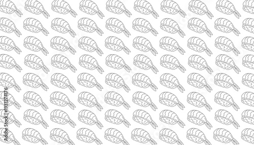Sushi ebi nigiri pattern. Seamless shrimp nigiri vector. Japanese food illustration background. Minimalist hand drawn line art. Flat colorful asian cuisine. Repeating seafood textile design. 