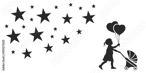 A child holding heart-shaped balloons while strolling under a starry sky