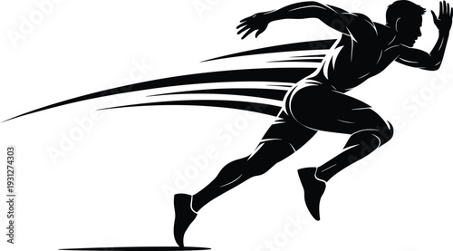 Black and white silhouette illustration of a sprinter in dynamic running pose with motion lines, symbolizing speed, athleticism, energy, and sports motivation themes