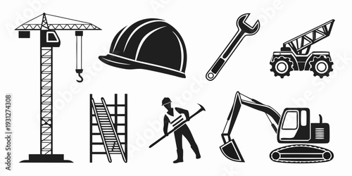 Construction equipment and tools illustrated in black and white