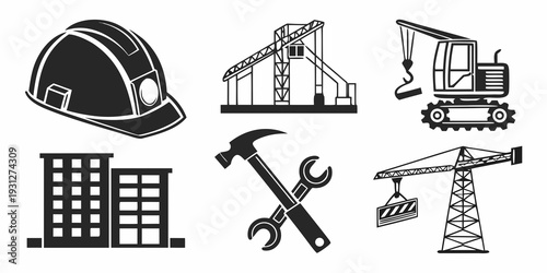 Diverse icons representing construction, industry, and engineering concepts