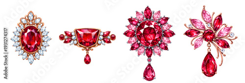A charming watercolor collection of red gemstone brooches, including floral and teardrop designs.