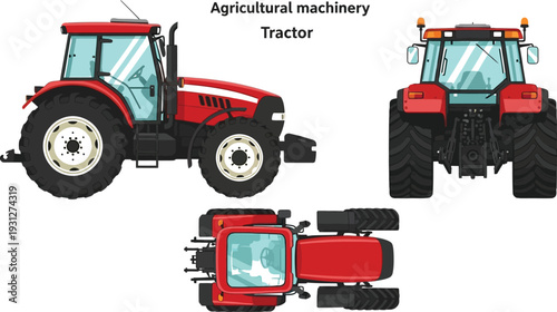 Red agricultural machinery tractor is displayed from side, front, and top views against a white background for manufacturing documentation.