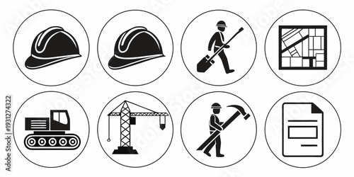 A collection of icons representing various construction and building activities
