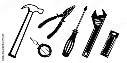 A diverse collection of tools including a hammer, pliers, wrench, and more