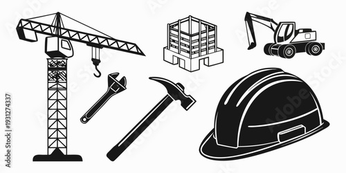 Construction equipment and tools including a crane, building, hard hat, and more