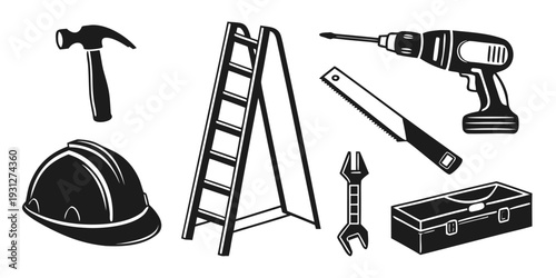 An assortment of tools and safety equipment for construction and maintenance work