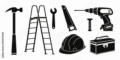 Assorted construction tools and safety equipment displayed in black and white