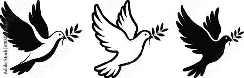 Black and white silhouette illustration of doves carrying olive branches, symbolizing peace, harmony, and reconciliation, perfect for religious, cultural, and humanitarian themes