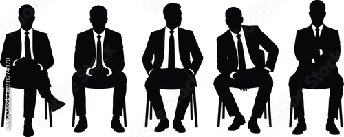 Black and white silhouettes of business professionals seated in chairs with varied postures, representing interviews, corporate decision-making, teamwork, and professional communication concepts