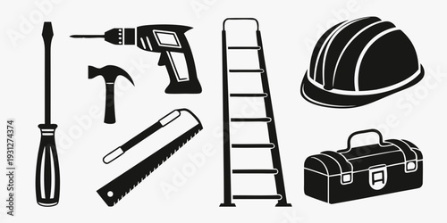 Assorted tools including a hammer, screwdriver, drill, tape measure, ladder, and toolbox.