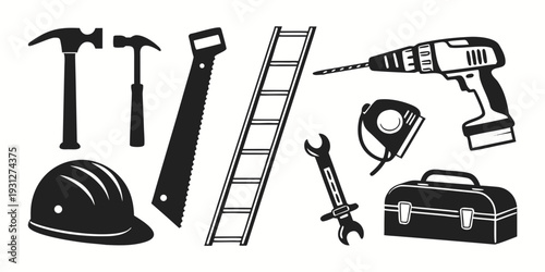 A collection of various tools and equipment used in construction and repair work.