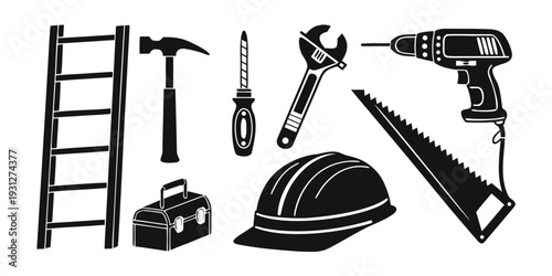 Construction tools and safety equipment illustrated in black and white