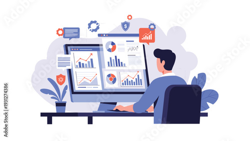 Professional analyzing complex business data and financial statistics on a computer monitor with floating security icons.