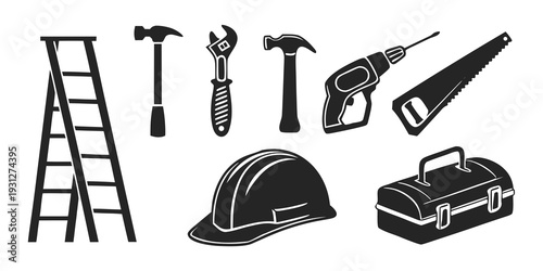A collection of various tools and equipment used in construction and repair work.